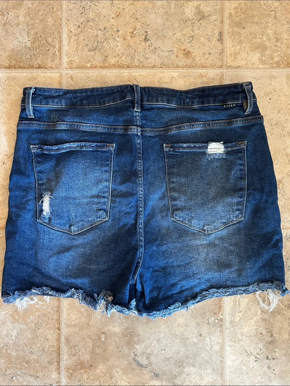 High-Rise Distressed Dark Blue Denim Shorts